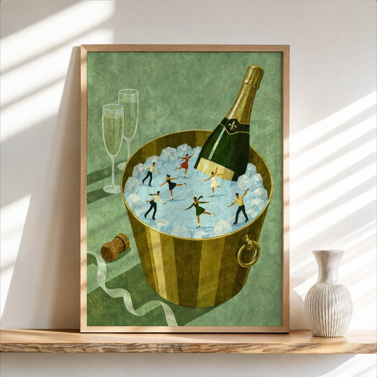 Champagne Ice Skaters Print, Winter Tiny People Wall Art Set, Figure Skating Illustration, Festive Holiday Decor, Whimsical Miniature Poster