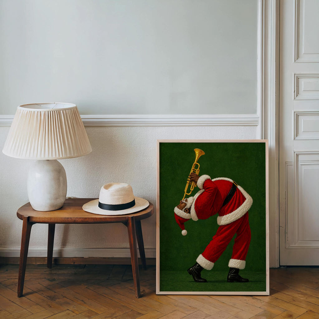 Black Santa Playing Trumpet Print, Funny Christmas Wall Art, African American Holiday Poster, Retro Afrocentric Jazz Music Decor, Music