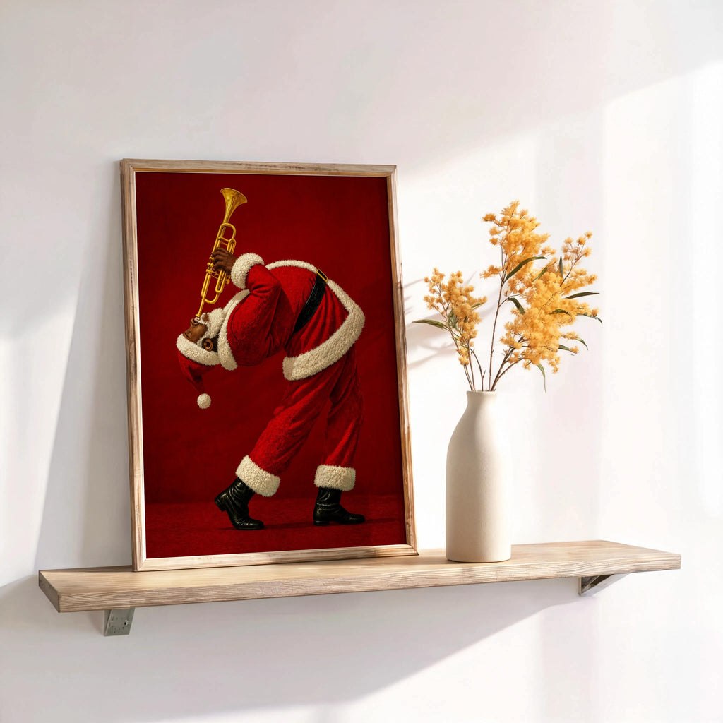Black Santa Playing Trumpet Print, Funny Christmas Wall Art, African American Holiday Poster, Retro Afrocentric Jazz Music Decor, Music