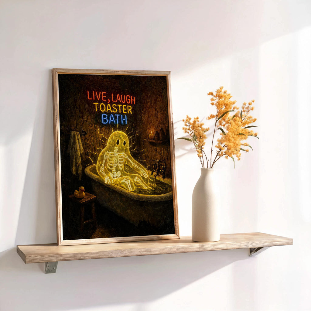 Funny Ghost Bathroom Print, Live Laugh Toaster Bath Poster, Gothic Halloween Wall Art, Spooky Bathtub Decor, Quirky Guest Bath Gift