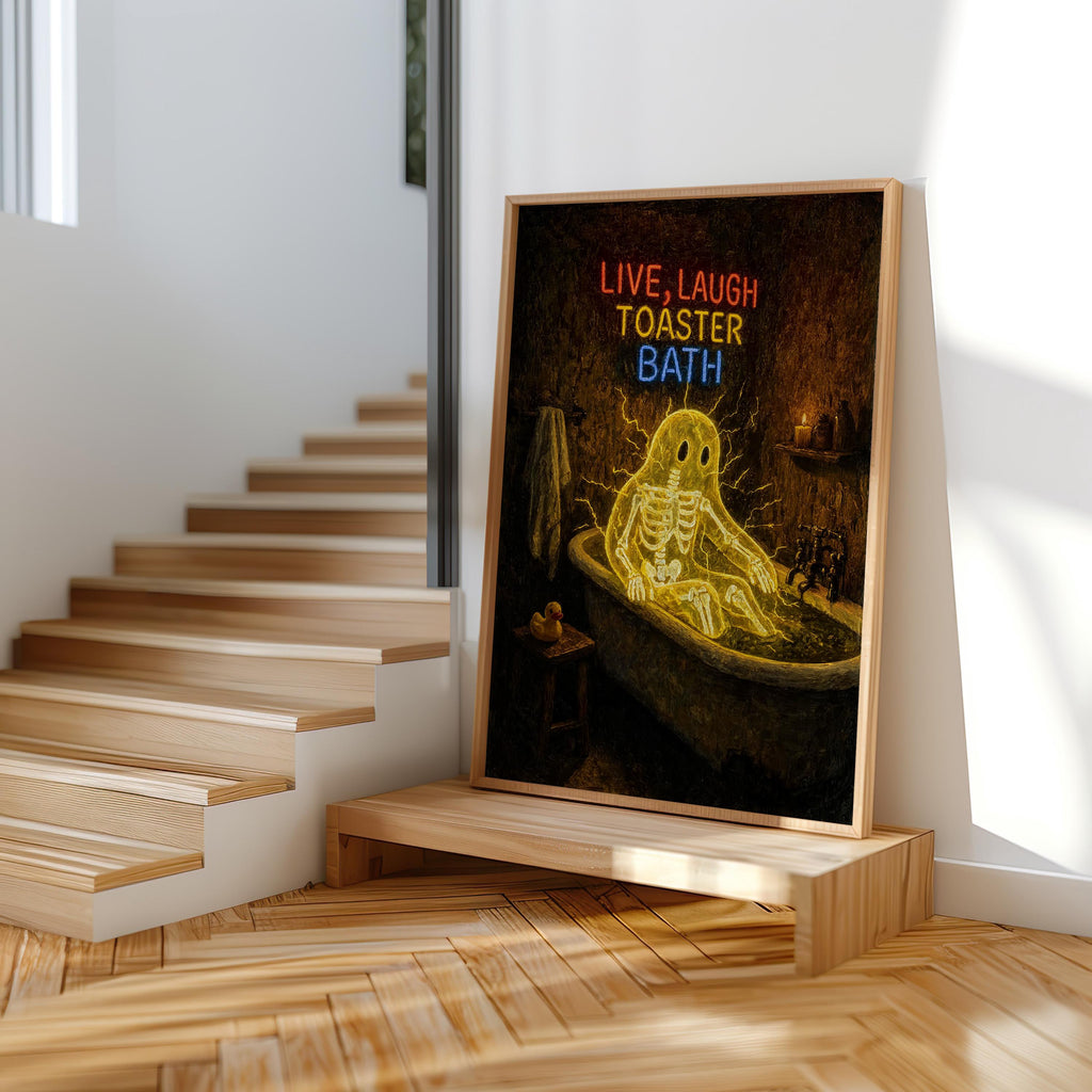 Funny Ghost Bathroom Print, Live Laugh Toaster Bath Poster, Gothic Halloween Wall Art, Spooky Bathtub Decor, Quirky Guest Bath Gift