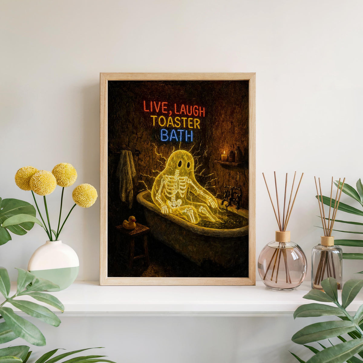 Funny Ghost Bathroom Print, Live Laugh Toaster Bath Poster, Gothic Halloween Wall Art, Spooky Bathtub Decor, Quirky Guest Bath Gift