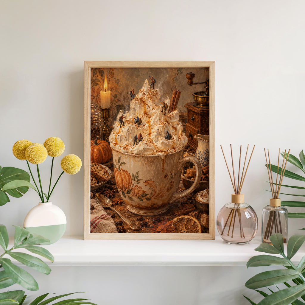 Pumpkin Spice Latte Halloween Print, Miniature Witches Wall Art, Cozy Fall Coffee Poster, Spooky Autumn Kitchen Decor, Tiny People Gift