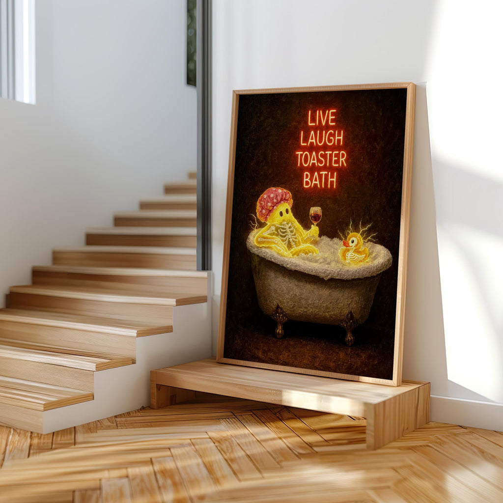 Funny Ghost Bathtub Print, Live Laugh Toaster Bath Wall Art, Halloween Bathroom Poster, Gothic Decor, Quirky Ghost Gift