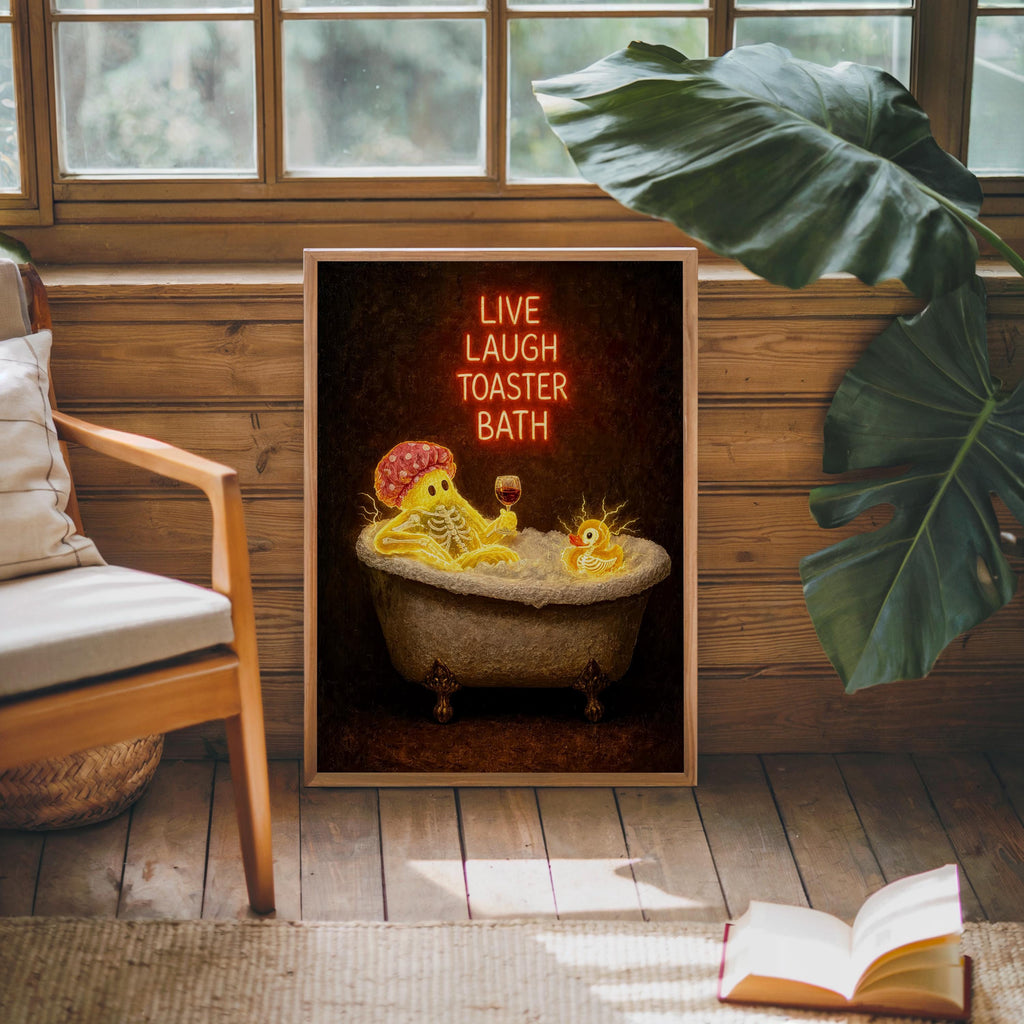 Funny Ghost Bathtub Print, Live Laugh Toaster Bath Wall Art, Halloween Bathroom Poster, Gothic Decor, Quirky Ghost Gift