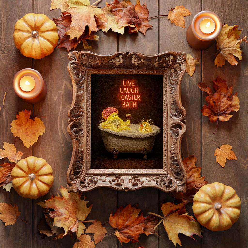 Funny Ghost Bathtub Print, Live Laugh Toaster Bath Wall Art, Halloween Bathroom Poster, Gothic Decor, Quirky Ghost Gift