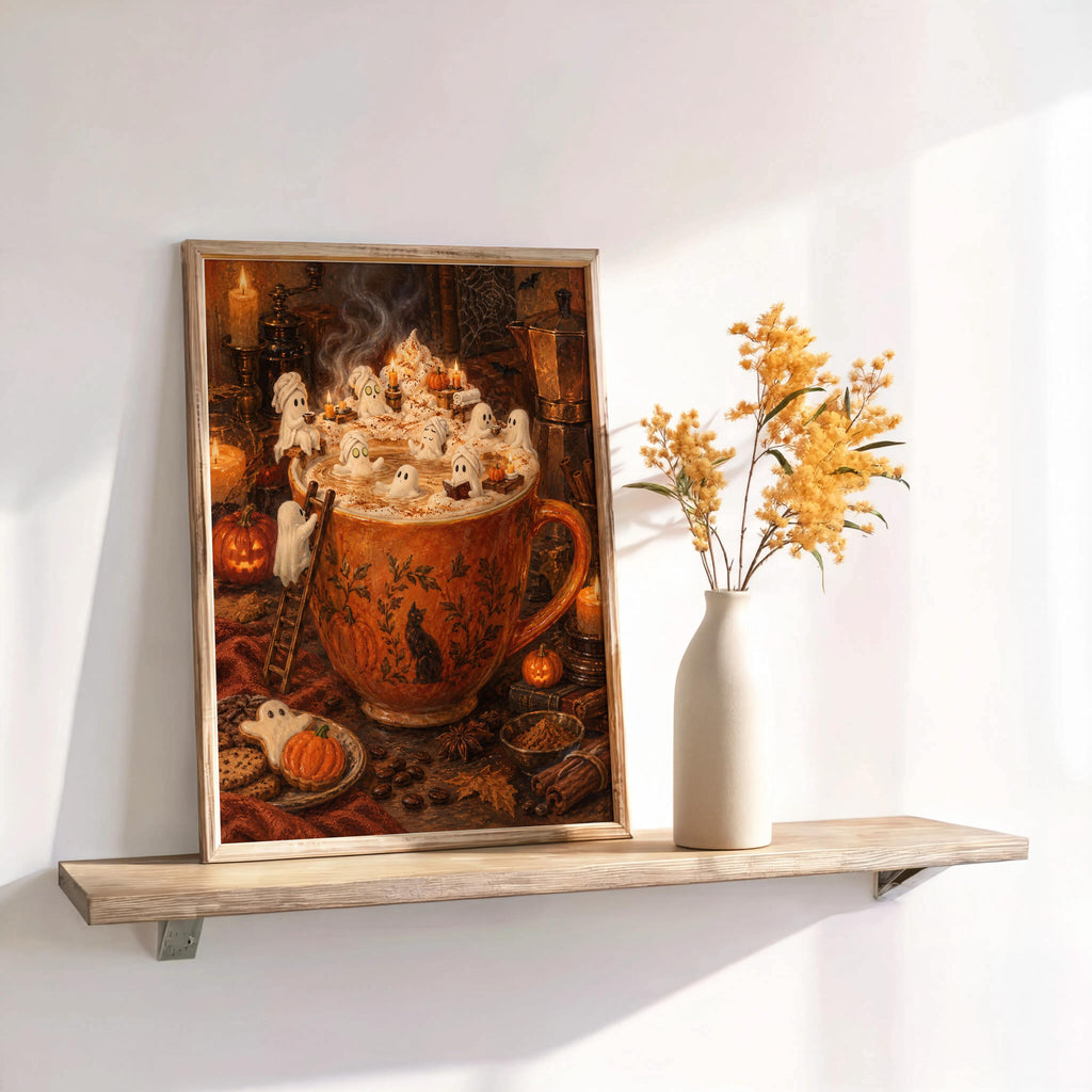 Ghost Halloween Pumpkin Spice Latte Print, Marshmallow Ghosts Wall Art, Cozy Fall Coffee Poster, Spooky Kitchen Decor, Autumn Gift