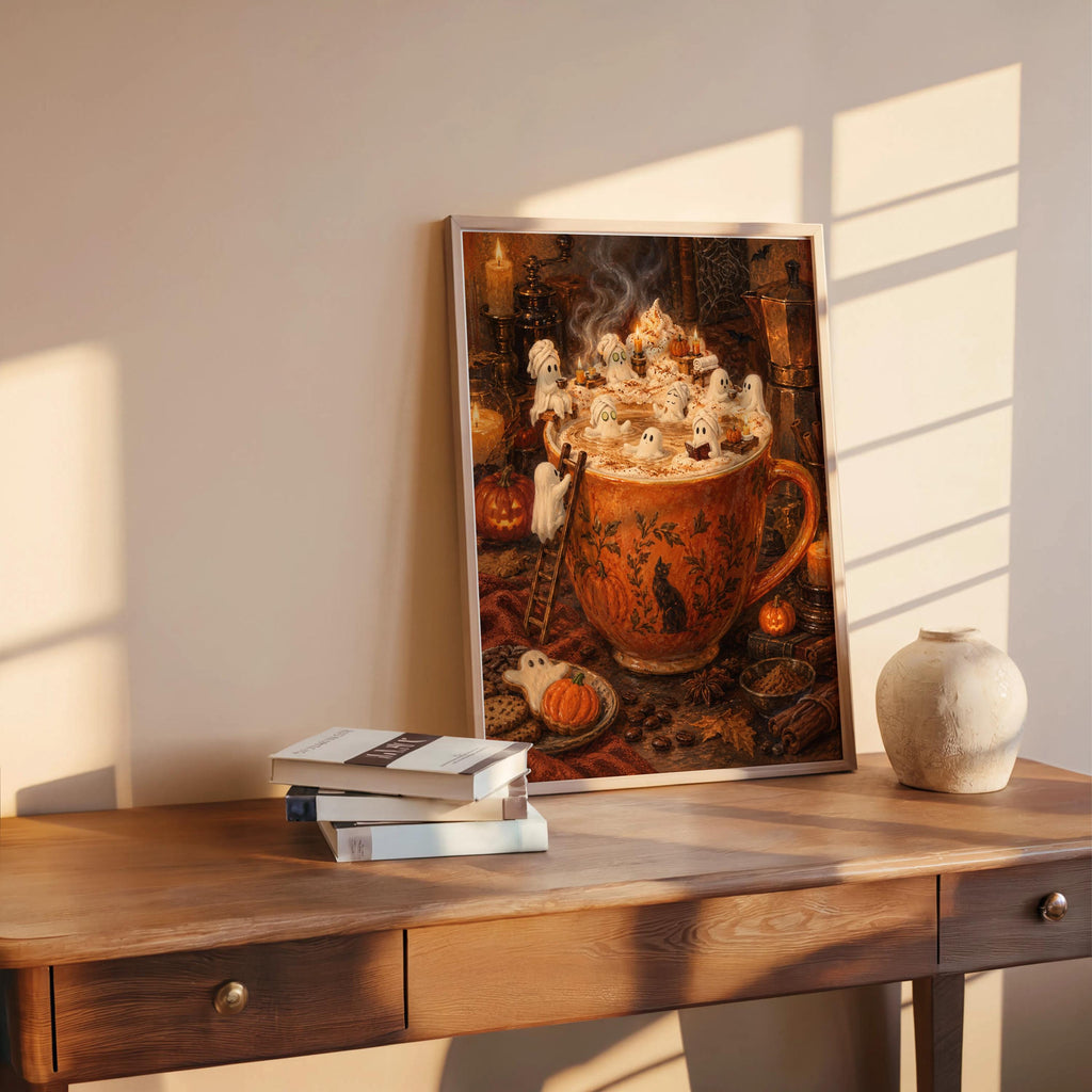 Ghost Halloween Pumpkin Spice Latte Print, Marshmallow Ghosts Wall Art, Cozy Fall Coffee Poster, Spooky Kitchen Decor, Autumn Gift