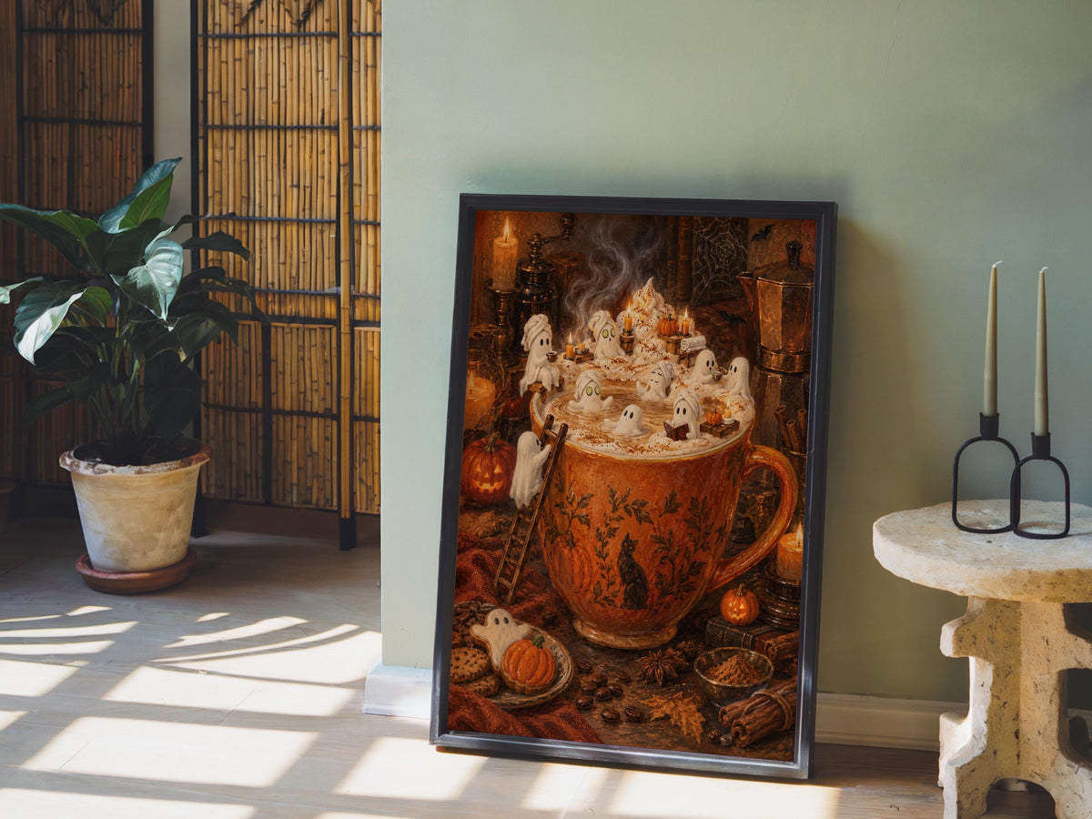 Ghost Halloween Pumpkin Spice Latte Print, Marshmallow Ghosts Wall Art, Cozy Fall Coffee Poster, Spooky Kitchen Decor, Autumn Gift