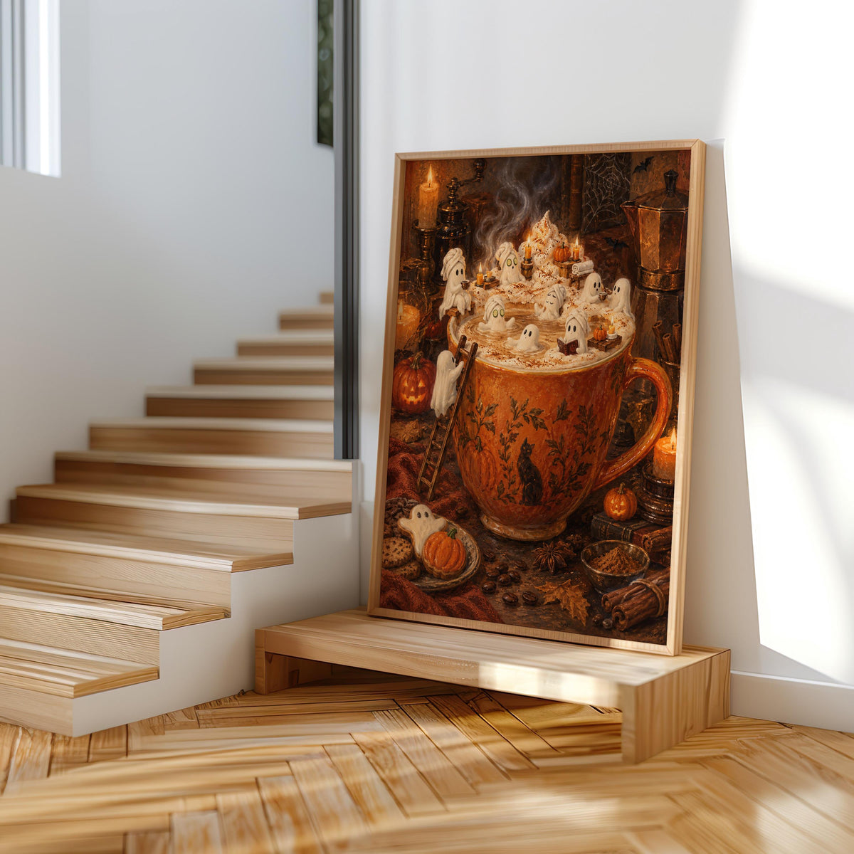 Ghost Halloween Pumpkin Spice Latte Print, Marshmallow Ghosts Wall Art, Cozy Fall Coffee Poster, Spooky Kitchen Decor, Autumn Gift