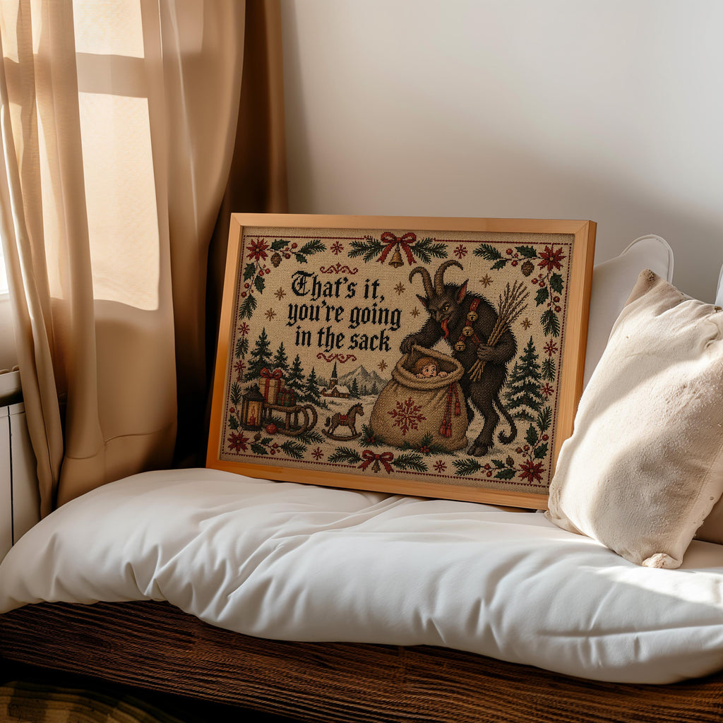 Krampus Christmas Cross Stitch Print, Funny Holiday Sack Scene, German Folklore Wall Art, Rustic Winter Decor, Gothic Xmas Gift