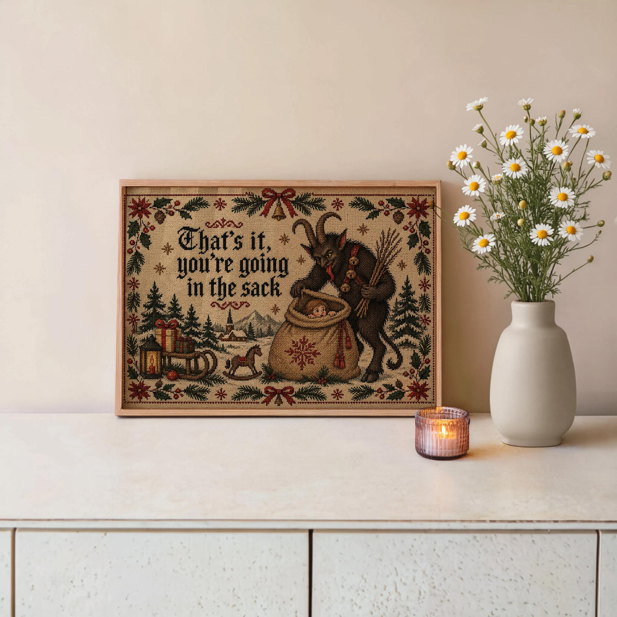 Krampus Christmas Cross Stitch Print, Funny Holiday Sack Scene, German Folklore Wall Art, Rustic Winter Decor, Gothic Xmas Gift