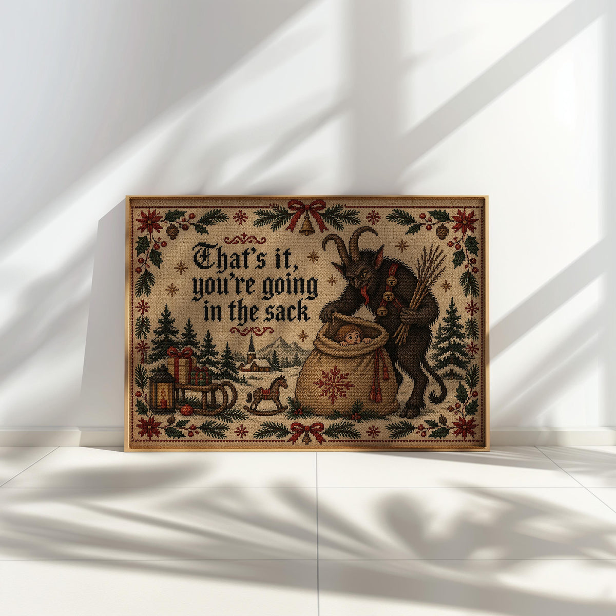 Krampus Christmas Cross Stitch Print, Funny Holiday Sack Scene, German Folklore Wall Art, Rustic Winter Decor, Gothic Xmas Gift