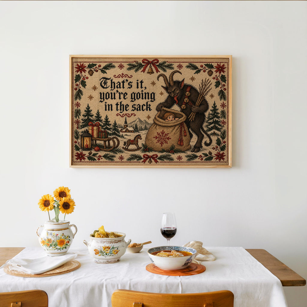 Krampus Christmas Cross Stitch Print, Funny Holiday Sack Scene, German Folklore Wall Art, Rustic Winter Decor, Gothic Xmas Gift