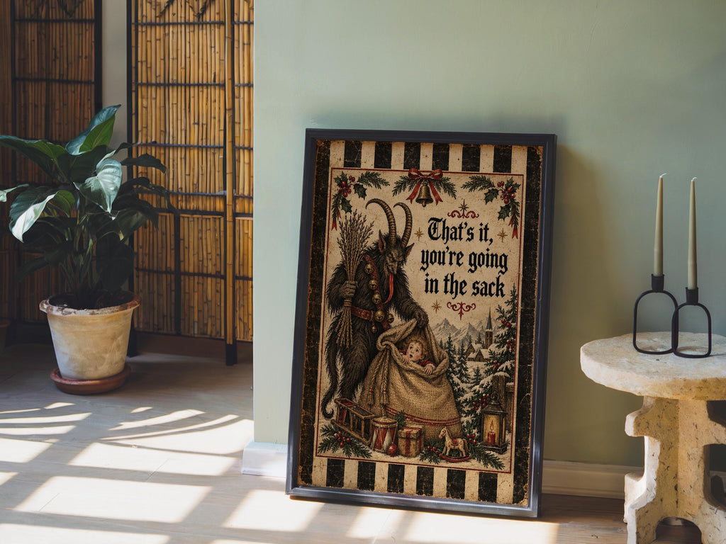 Funny Krampus Wall Art, Christmas Folklore Poster, Folk Textile Illustration, Cozy Winter Decor, Naughty German Holiday Gift