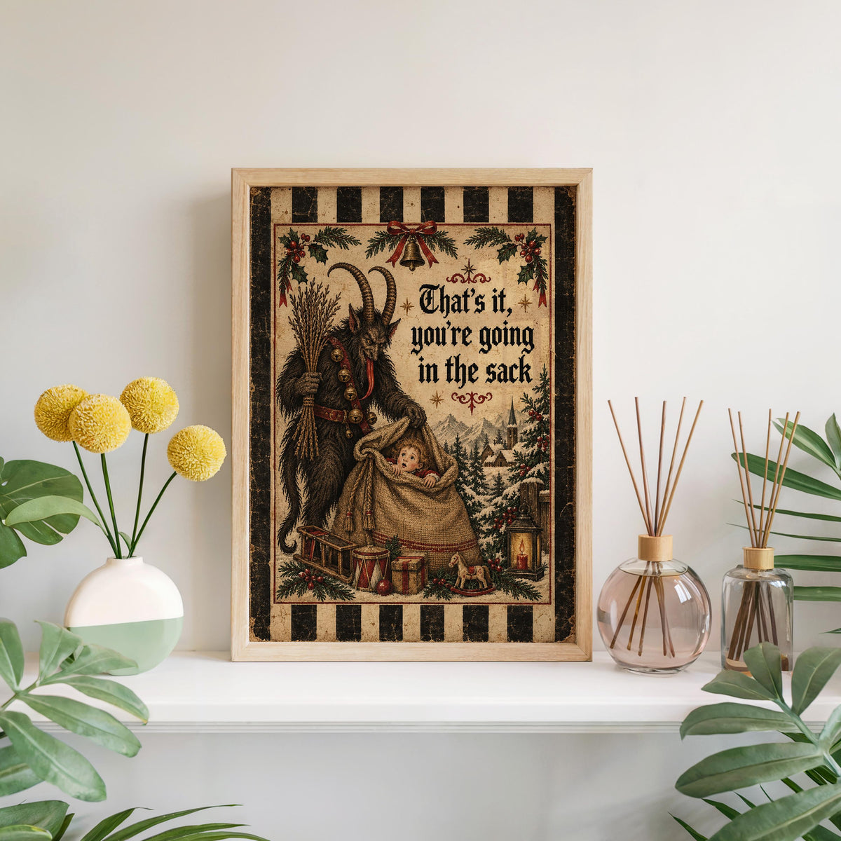 Funny Krampus Wall Art, Christmas Folklore Poster, Folk Textile Illustration, Cozy Winter Decor, Naughty German Holiday Gift