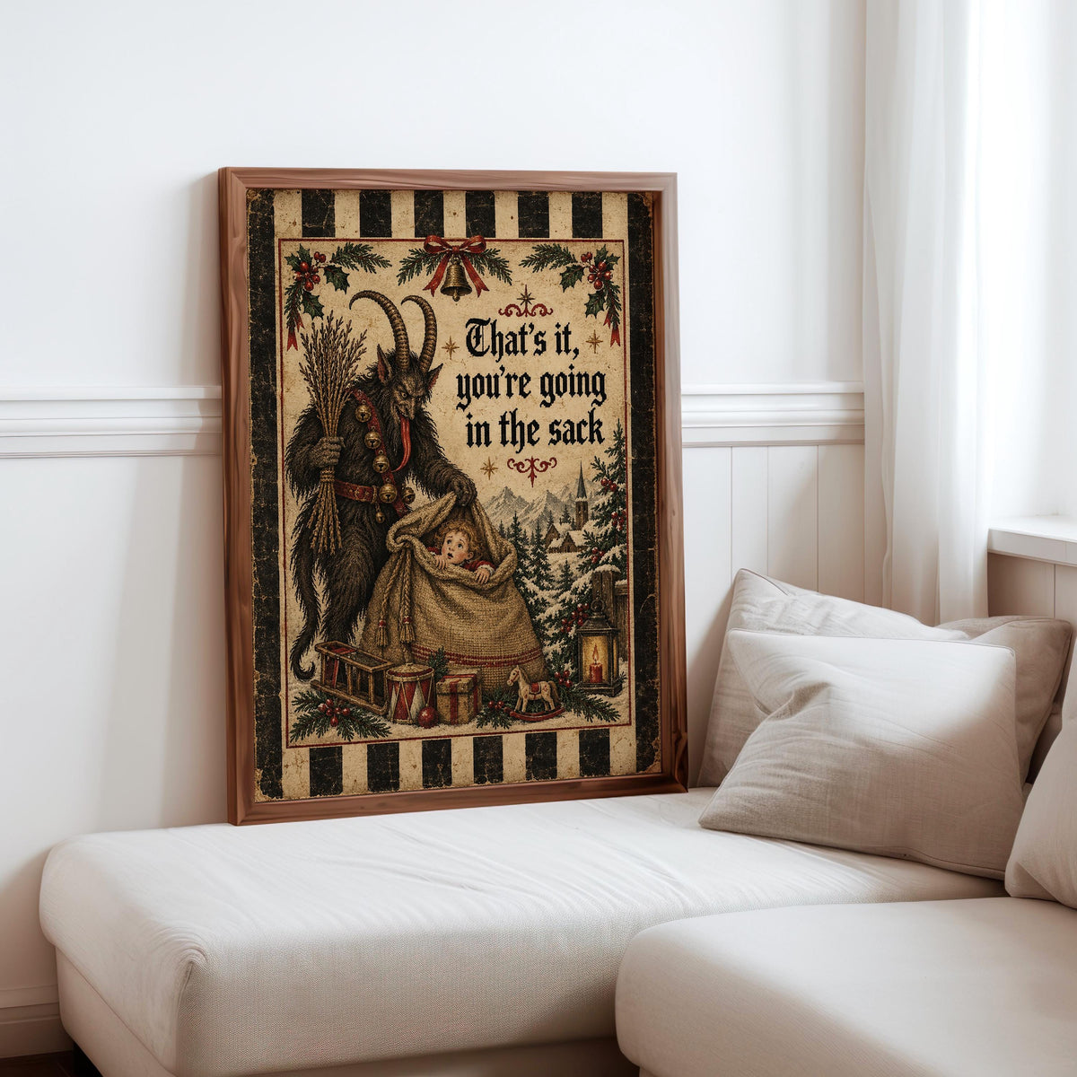 Funny Krampus Wall Art, Christmas Folklore Poster, Folk Textile Illustration, Cozy Winter Decor, Naughty German Holiday Gift