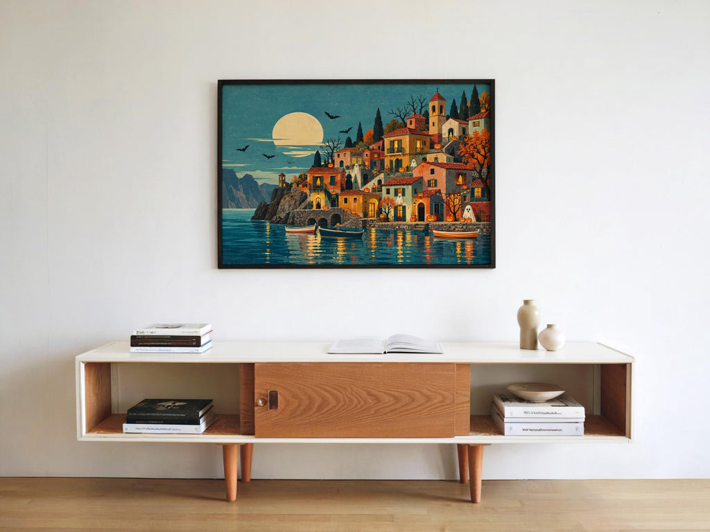 Halloween Coastal Village Folk Art Print, Spooky Mediterranean Wall Art, Ghosts & Pumpkins Poster, Moonlit Seaside Decor, Autumn Gift