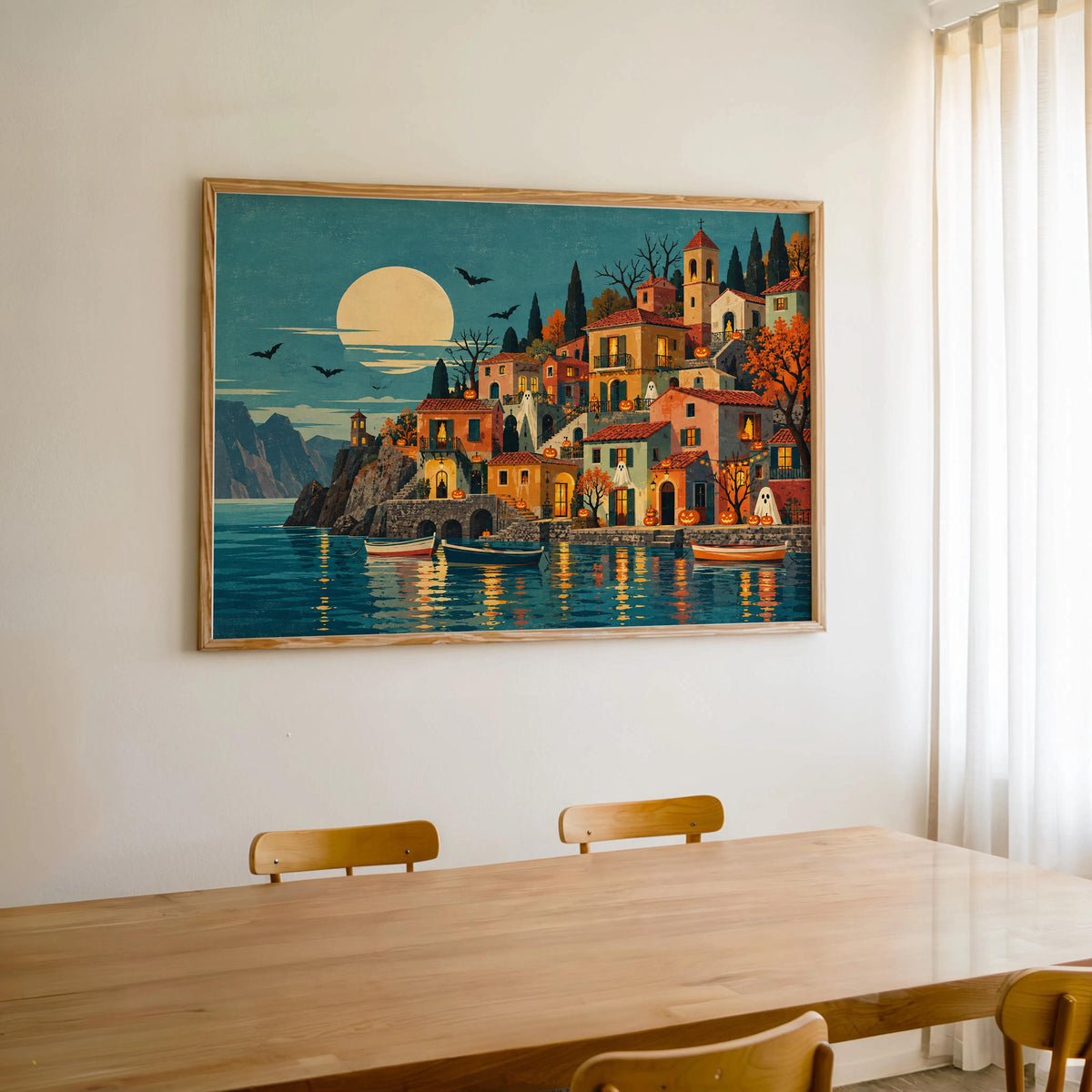 Halloween Coastal Village Folk Art Print, Spooky Mediterranean Wall Art, Ghosts & Pumpkins Poster, Moonlit Seaside Decor, Autumn Gift