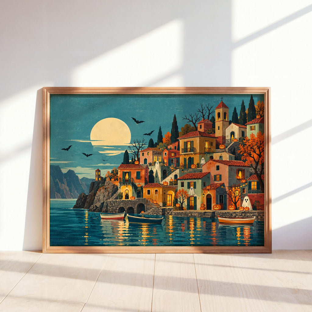 Halloween Coastal Village Folk Art Print, Spooky Mediterranean Wall Art, Ghosts & Pumpkins Poster, Moonlit Seaside Decor, Autumn Gift
