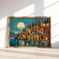 Halloween Coastal Village Folk Art Print, Spooky Mediterranean Wall Art, Ghosts & Pumpkins Poster, Moonlit Seaside Decor, Autumn Gift