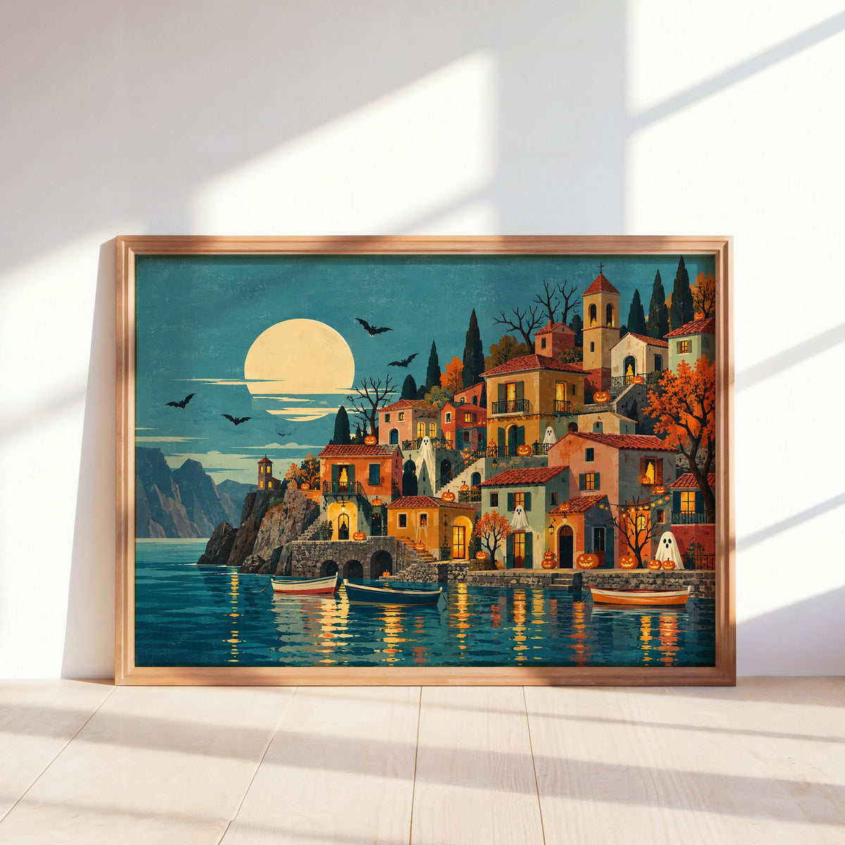 Halloween Coastal Village Folk Art Print, Spooky Mediterranean Wall Art, Ghosts & Pumpkins Poster, Moonlit Seaside Decor, Autumn Gift