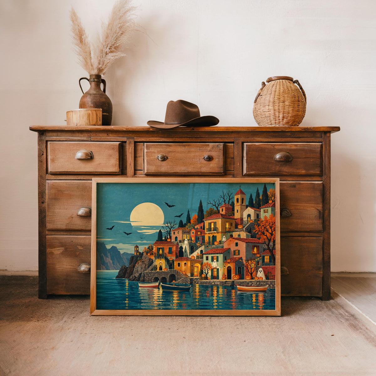 Halloween Coastal Village Folk Art Print, Spooky Mediterranean Wall Art, Ghosts & Pumpkins Poster, Moonlit Seaside Decor, Autumn Gift