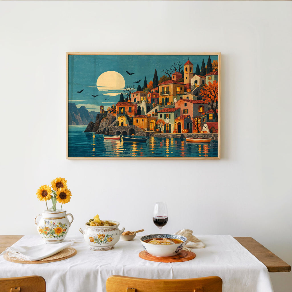 Halloween Coastal Village Folk Art Print, Spooky Mediterranean Wall Art, Ghosts & Pumpkins Poster, Moonlit Seaside Decor, Autumn Gift
