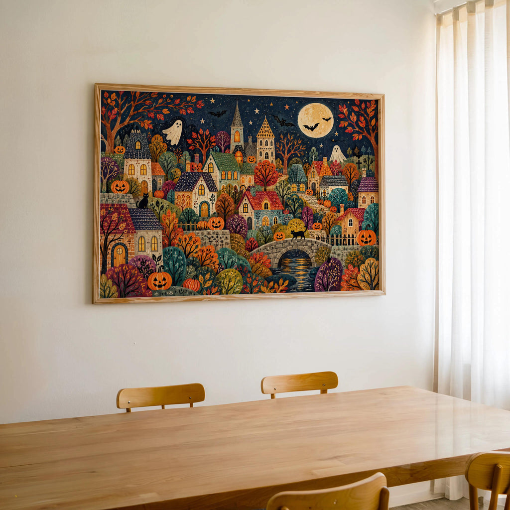 Folk Halloween Village Print, Whimsical Ghost & Pumpkin Wall Art, Autumn Storybook Poster, Colorful Spooky Home Decor, Gift