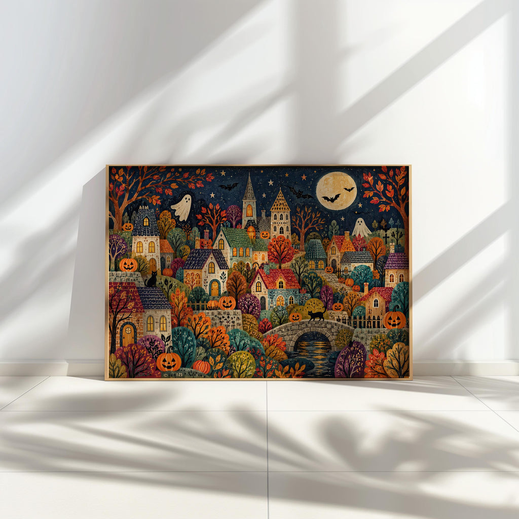 Folk Halloween Village Print, Whimsical Ghost & Pumpkin Wall Art, Autumn Storybook Poster, Colorful Spooky Home Decor, Gift