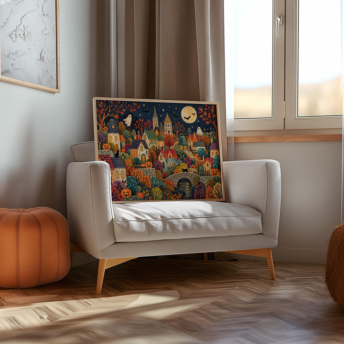 Folk Halloween Village Print, Whimsical Ghost & Pumpkin Wall Art, Autumn Storybook Poster, Colorful Spooky Home Decor, Gift
