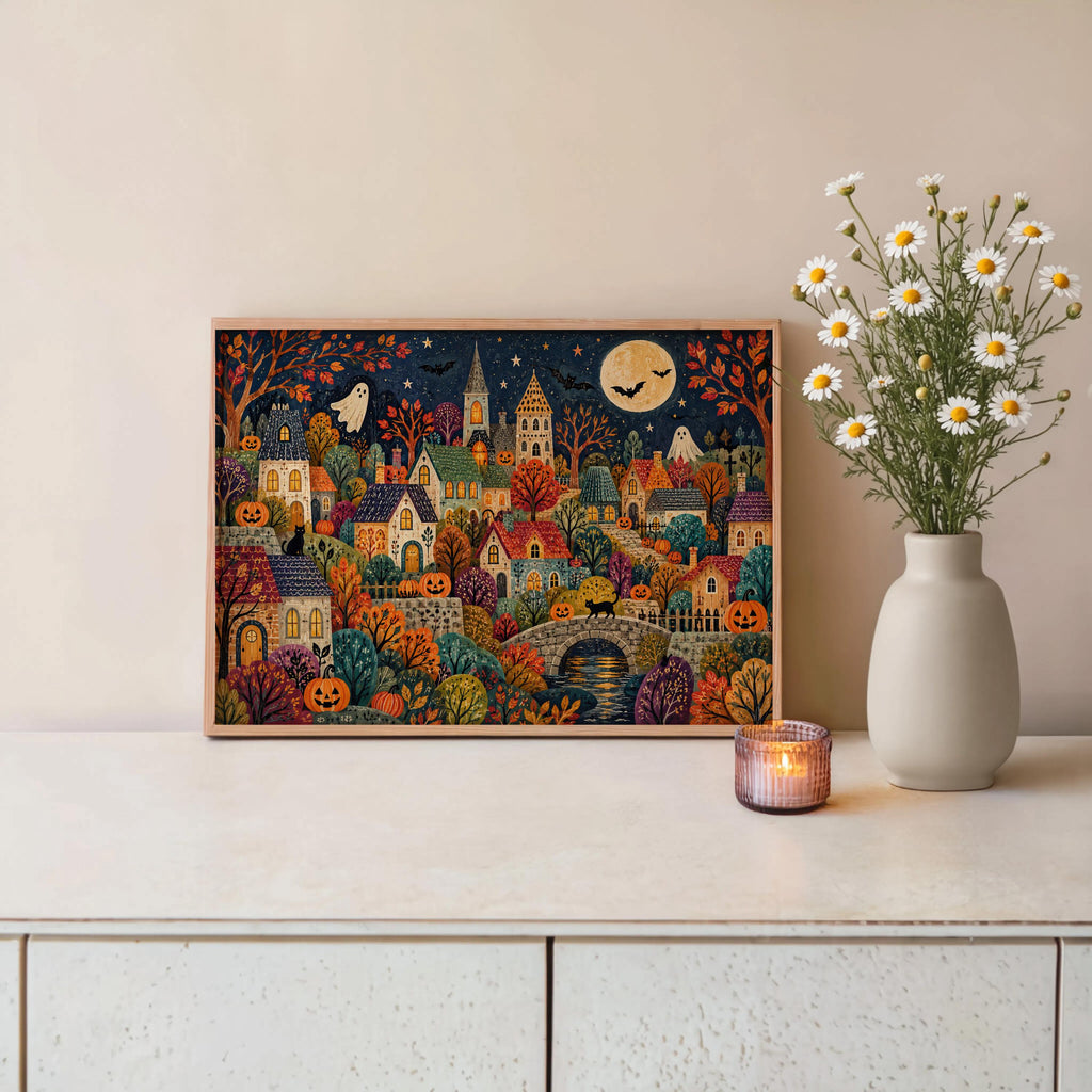Folk Halloween Village Print, Whimsical Ghost & Pumpkin Wall Art, Autumn Storybook Poster, Colorful Spooky Home Decor, Gift