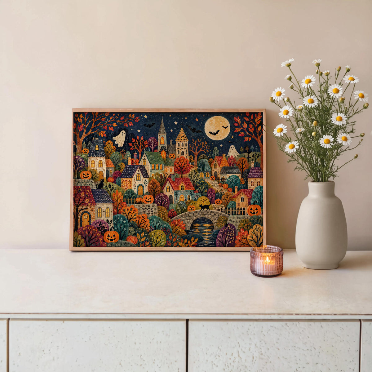 Folk Halloween Village Print, Whimsical Ghost & Pumpkin Wall Art, Autumn Storybook Poster, Colorful Spooky Home Decor, Gift