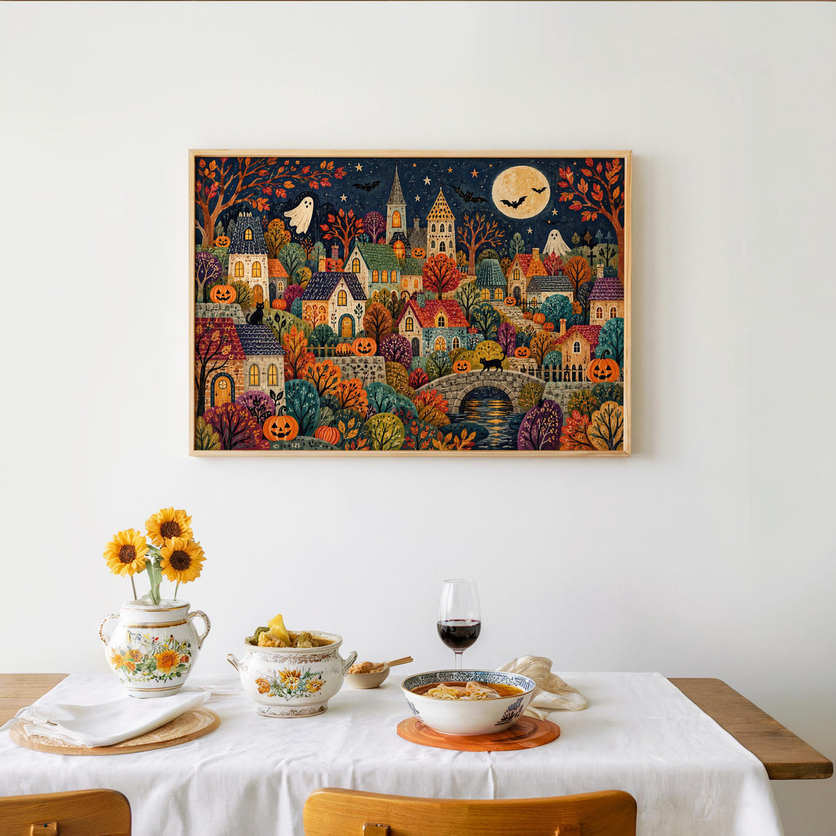 Folk Halloween Village Print, Whimsical Ghost & Pumpkin Wall Art, Autumn Storybook Poster, Colorful Spooky Home Decor, Gift