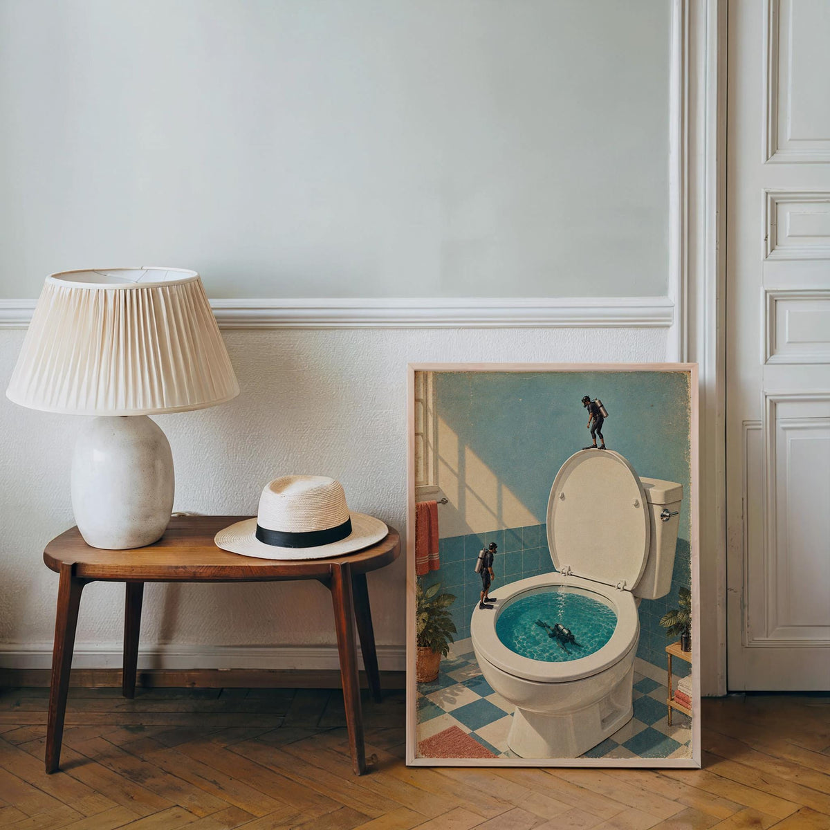 Funny Toilet Divers Print, Surreal Bathroom Wall Art, Tiny Scuba Diver Poster, Quirky Restroom Decor, Humorous Gift for Swimmers