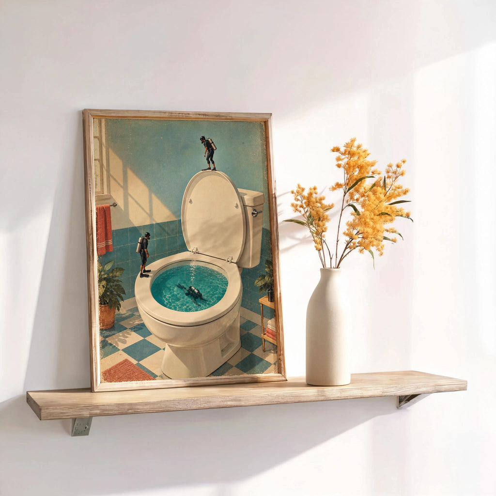 Funny Toilet Divers Print, Surreal Bathroom Wall Art, Tiny Scuba Diver Poster, Quirky Restroom Decor, Humorous Gift for Swimmers