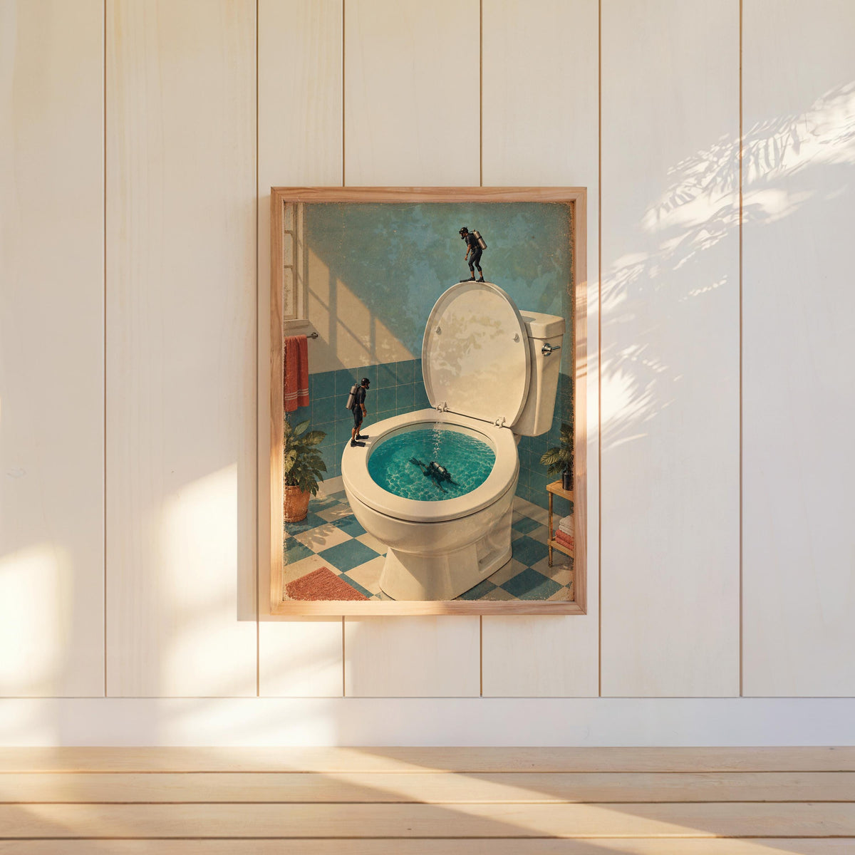 Funny Toilet Divers Print, Surreal Bathroom Wall Art, Tiny Scuba Diver Poster, Quirky Restroom Decor, Humorous Gift for Swimmers