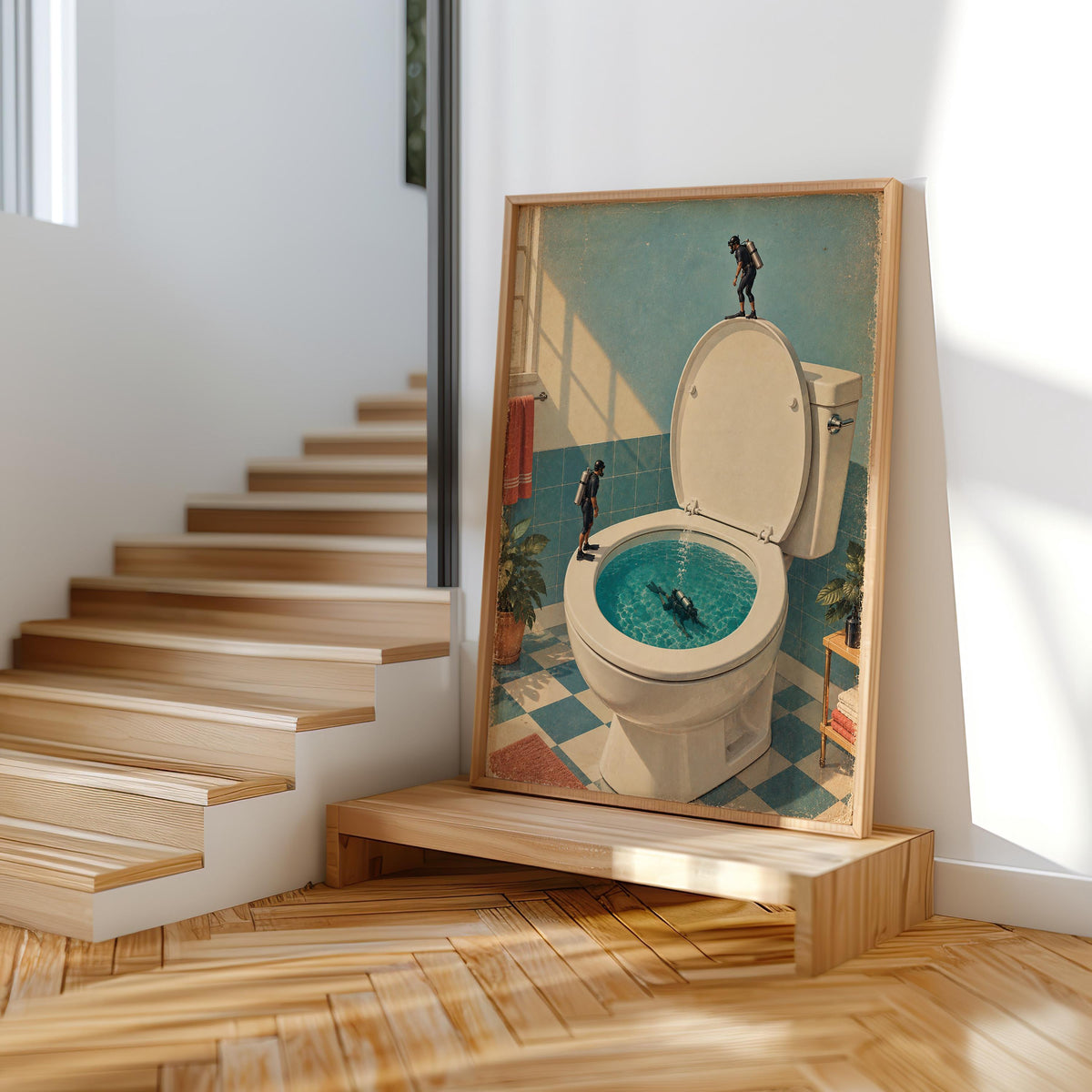 Funny Toilet Divers Print, Surreal Bathroom Wall Art, Tiny Scuba Diver Poster, Quirky Restroom Decor, Humorous Gift for Swimmers