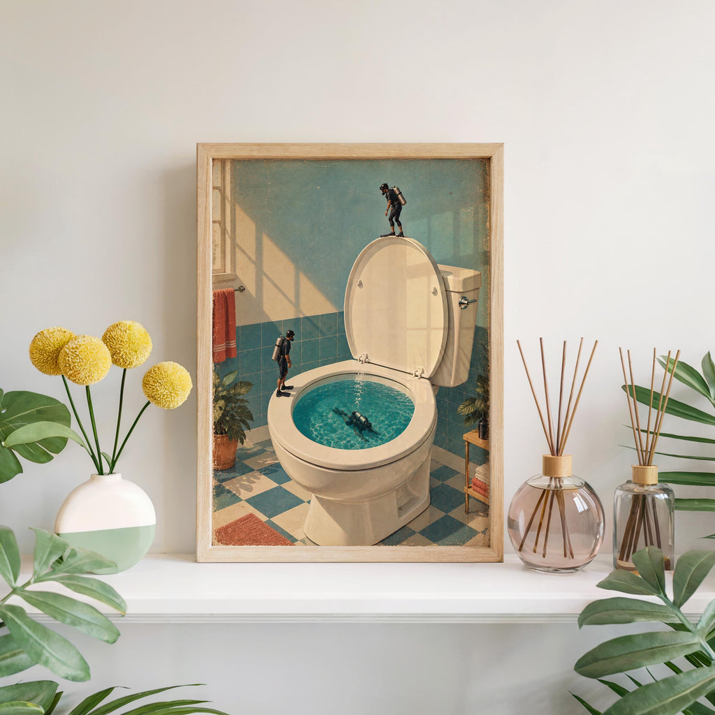 Funny Toilet Divers Print, Surreal Bathroom Wall Art, Tiny Scuba Diver Poster, Quirky Restroom Decor, Humorous Gift for Swimmers