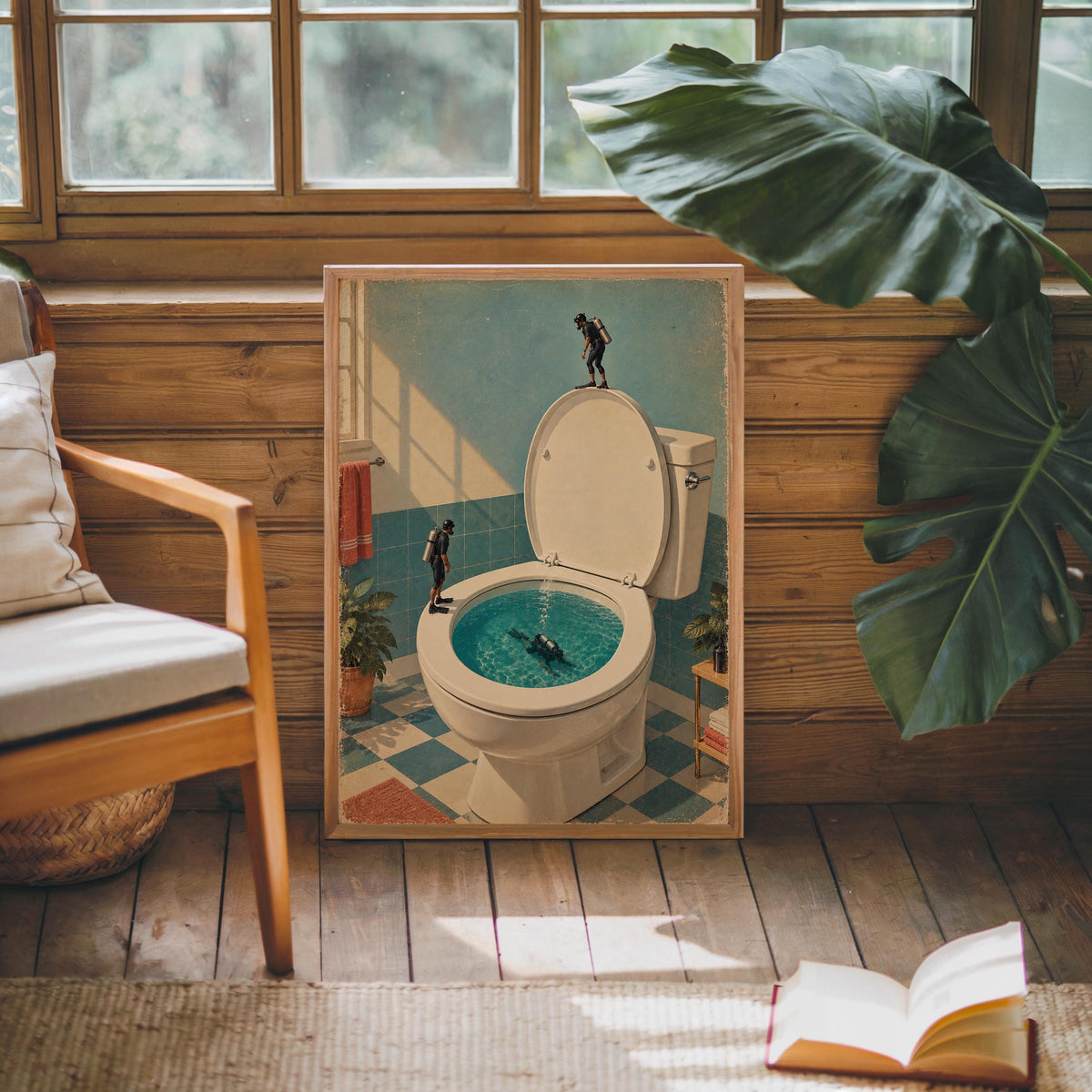 Funny Toilet Divers Print, Surreal Bathroom Wall Art, Tiny Scuba Diver Poster, Quirky Restroom Decor, Humorous Gift for Swimmers