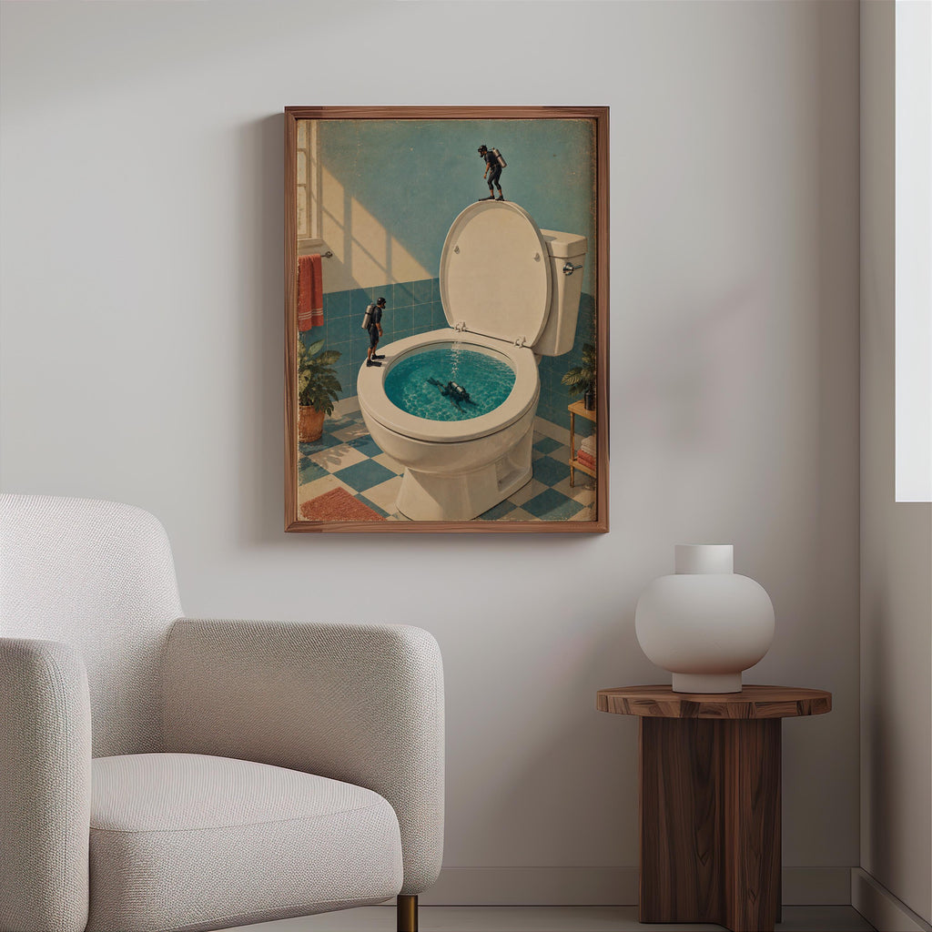 Funny Toilet Divers Print, Surreal Bathroom Wall Art, Tiny Scuba Diver Poster, Quirky Restroom Decor, Humorous Gift for Swimmers