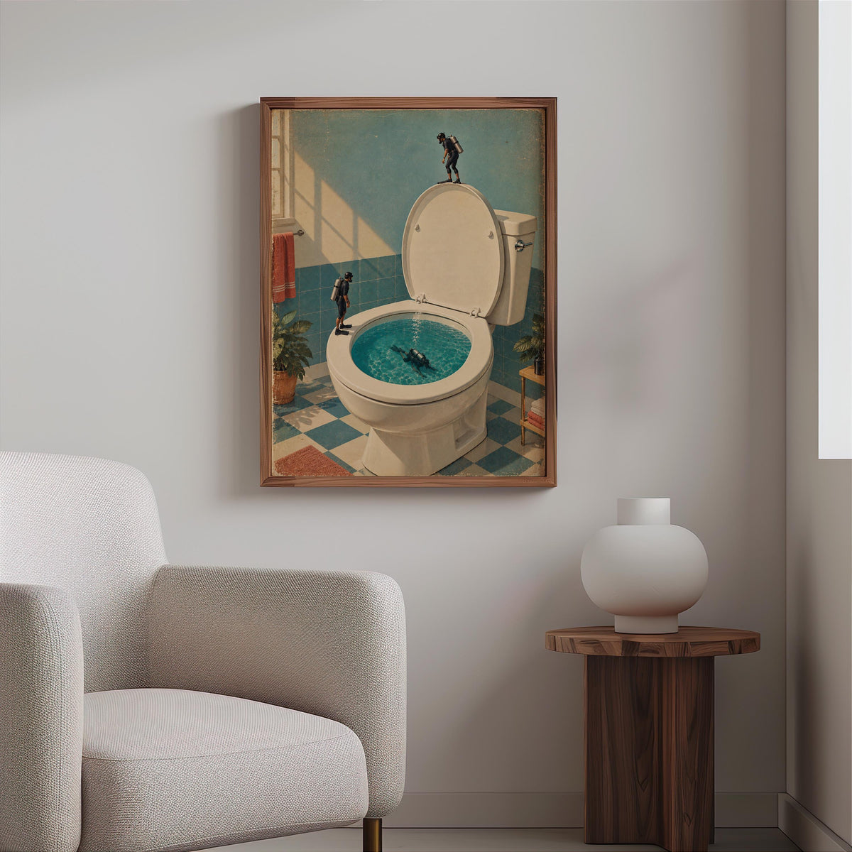 Funny Toilet Divers Print, Surreal Bathroom Wall Art, Tiny Scuba Diver Poster, Quirky Restroom Decor, Humorous Gift for Swimmers
