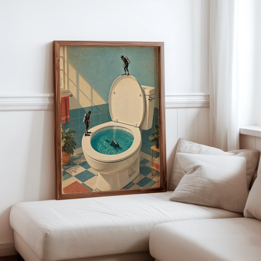 Funny Toilet Divers Print, Surreal Bathroom Wall Art, Tiny Scuba Diver Poster, Quirky Restroom Decor, Humorous Gift for Swimmers