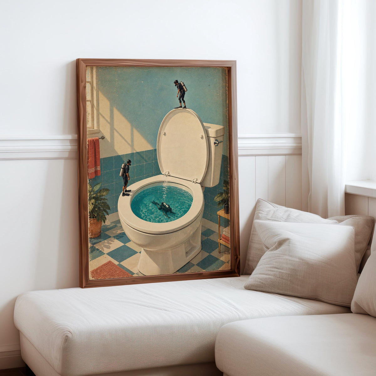Funny Toilet Divers Print, Surreal Bathroom Wall Art, Tiny Scuba Diver Poster, Quirky Restroom Decor, Humorous Gift for Swimmers