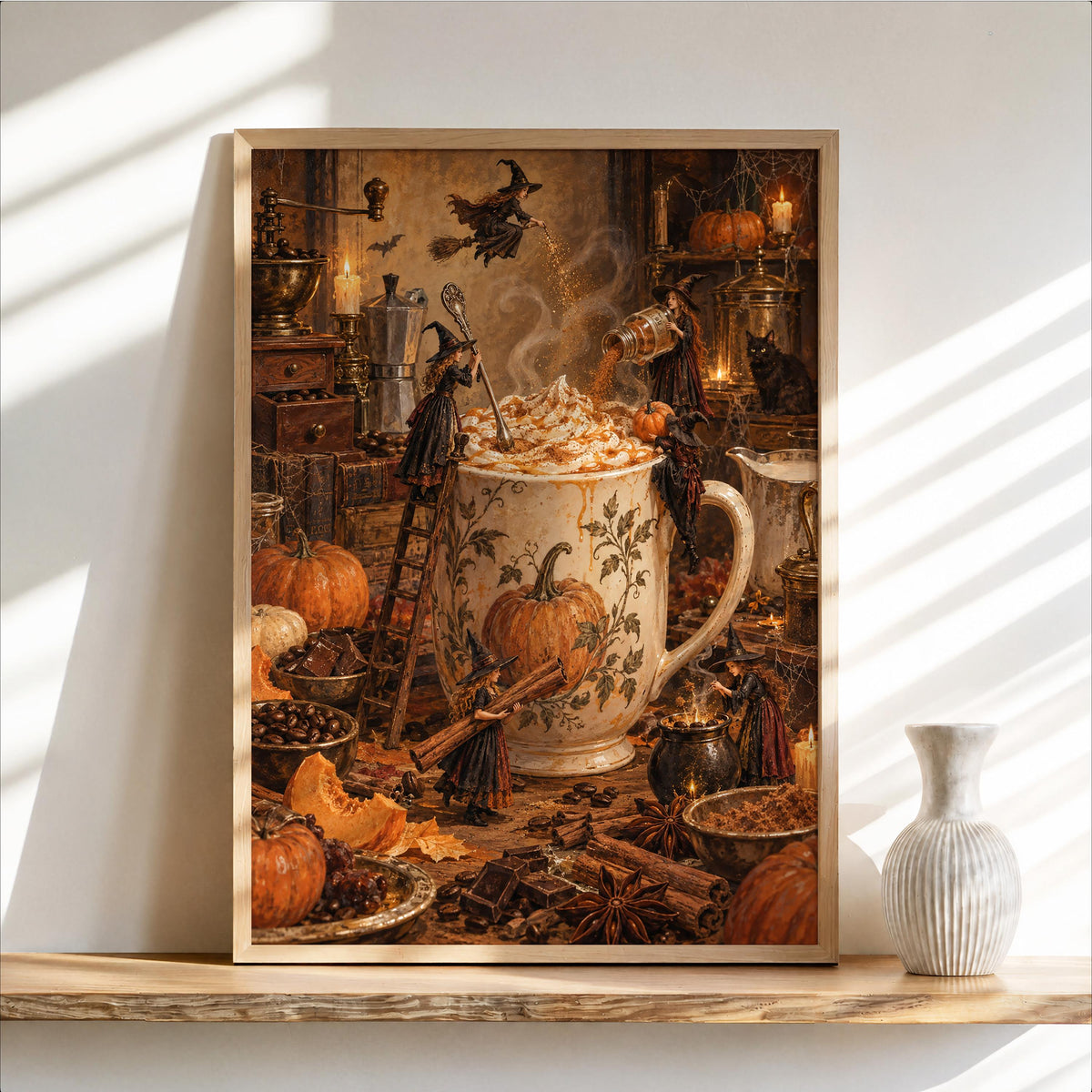 Pumpkin Spice Latte Witches Print, Halloween Coffee Wall Art, Vintage Witchy Kitchen Decor, Cozy Autumn Poster