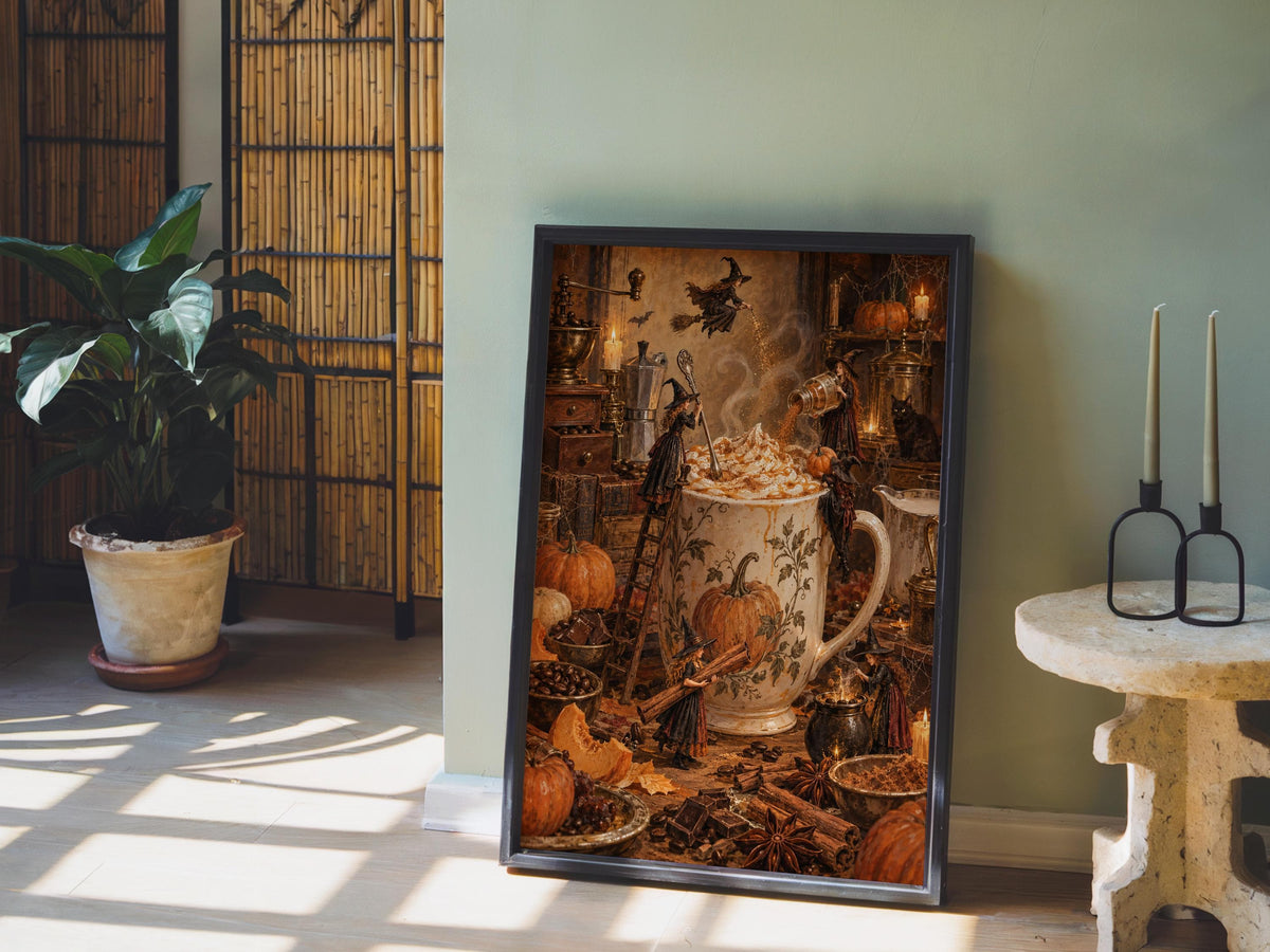 Pumpkin Spice Latte Witches Print, Halloween Coffee Wall Art, Vintage Witchy Kitchen Decor, Cozy Autumn Poster