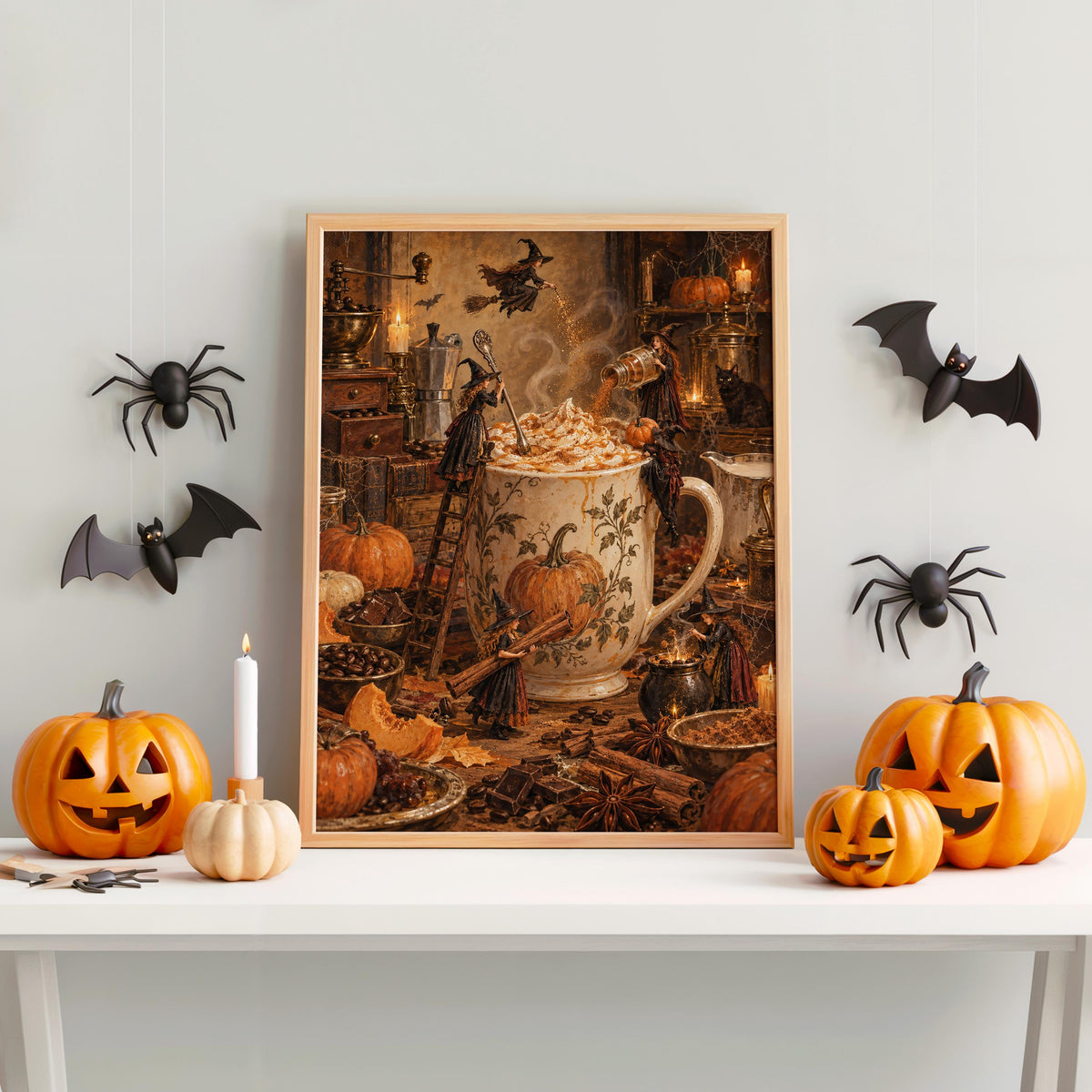 Pumpkin Spice Latte Witches Print, Halloween Coffee Wall Art, Vintage Witchy Kitchen Decor, Cozy Autumn Poster