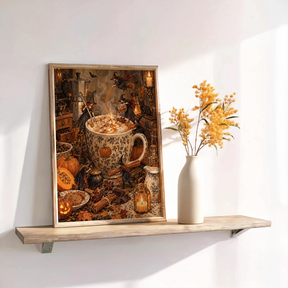 Witches Brewing Coffee Print, Pumpkin Spice Latte Art, Vintage Halloween Wall Decor, Cozy Autumn Kitchen Print