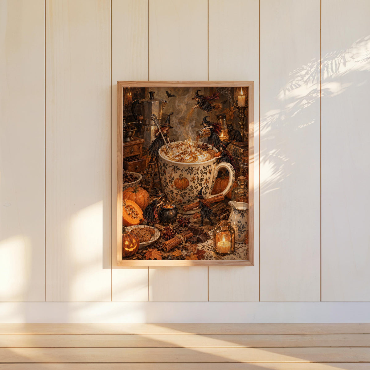 Witches Brewing Coffee Print, Pumpkin Spice Latte Art, Vintage Halloween Wall Decor, Cozy Autumn Kitchen Print