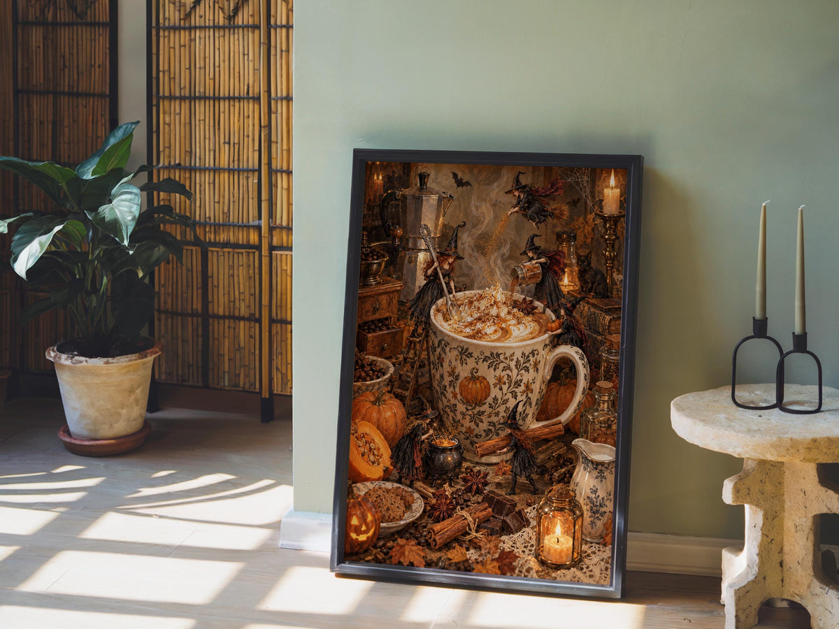 Witches Brewing Coffee Print, Pumpkin Spice Latte Art, Vintage Halloween Wall Decor, Cozy Autumn Kitchen Print